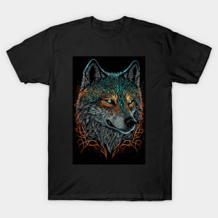 Mean Wolf portrait with teal and orange glow T-Shirt